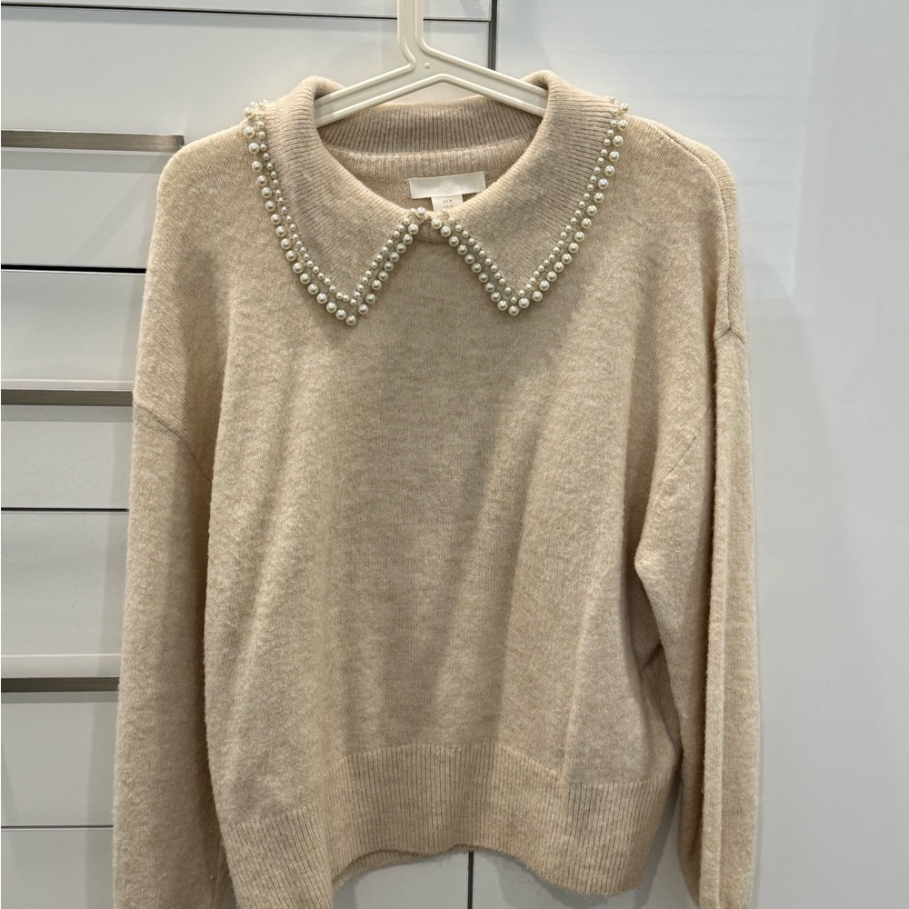 H&M Cream Crew Neck Sweater with Pearl Embellishments